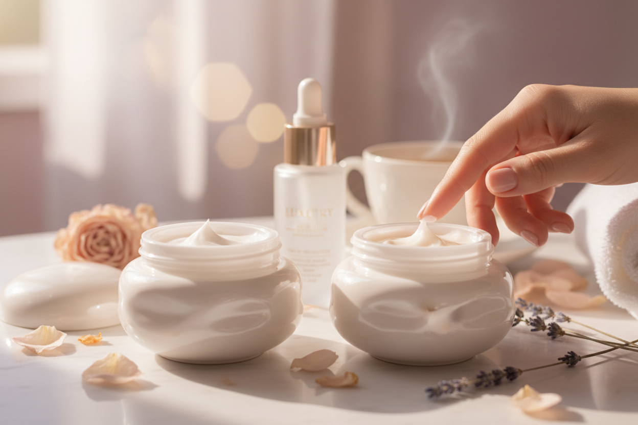 busca una imagen que refleje: No es solo una rutina de belleza de skin care, es el momento del día donde conectas con tu propia luz. podrían ser texturas de cremas etc